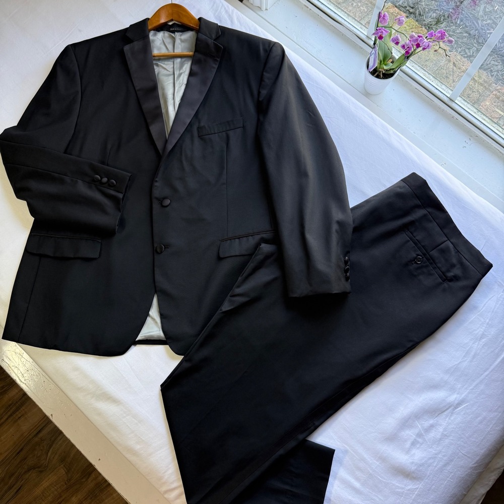 Calvin Klein Mens Black 100% Wool Tuxedo Suit Set 48R Formal Peak Lapel 2 Piece